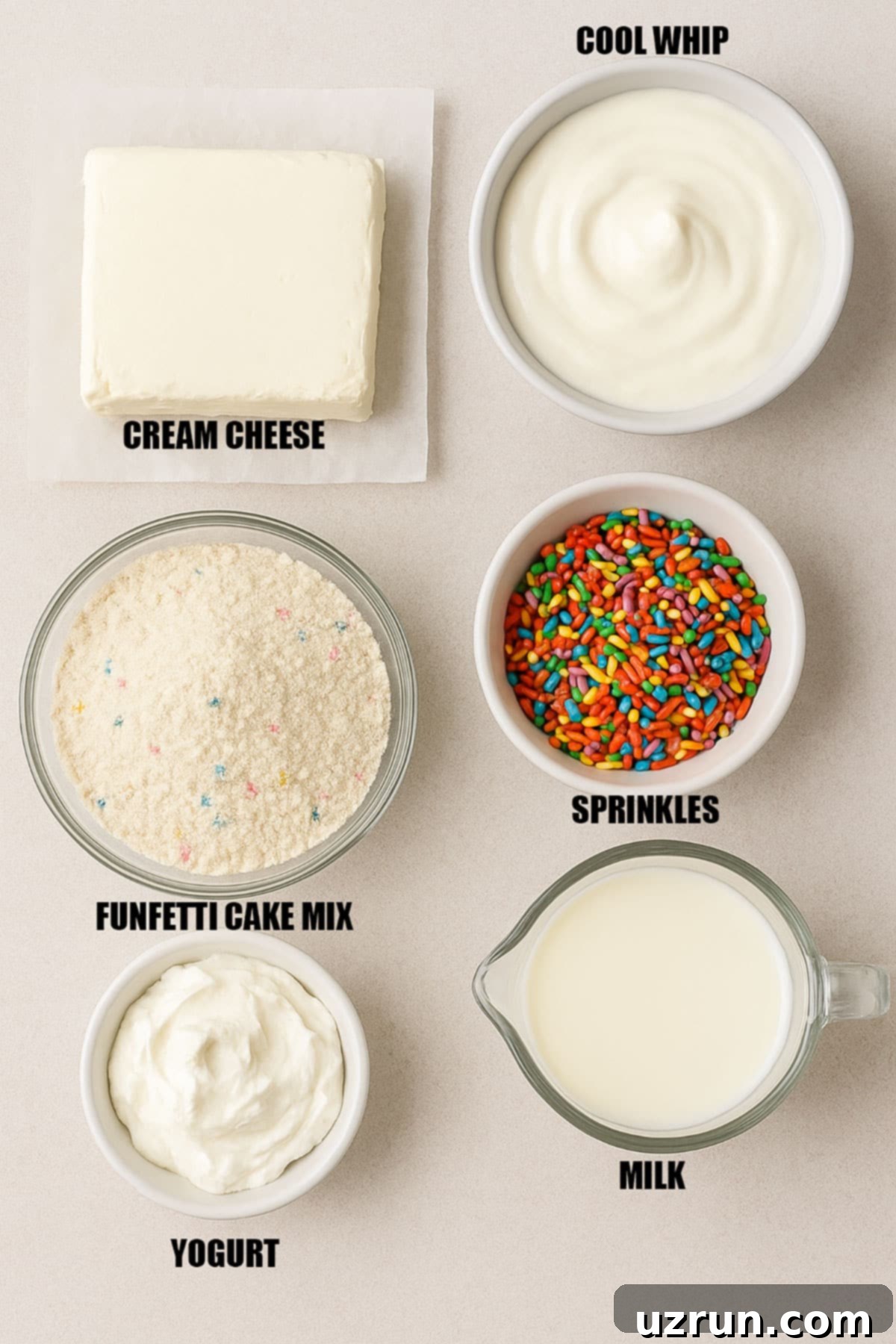 Funfetti Cake Batter Dip 3 Ingredients in Separate Containers on Dull Beige Background.