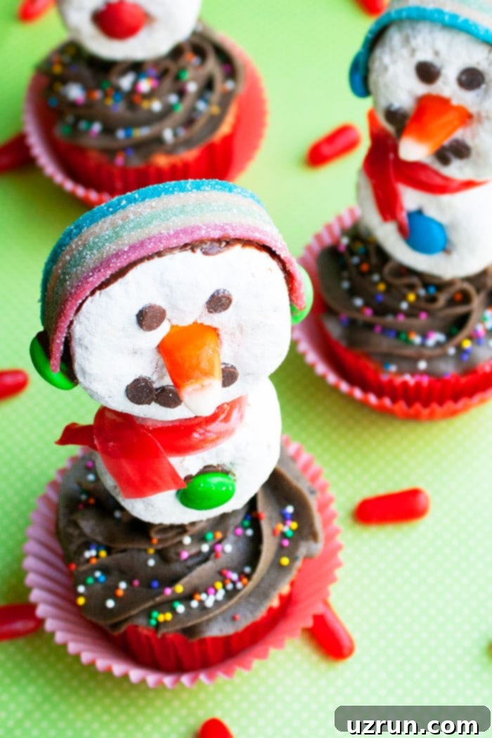 Snowman Cupcakes with Donut Heads 3 Winter Cupcakes on Green Background