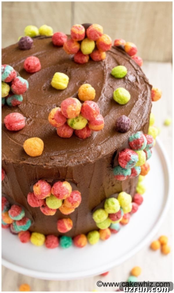 Easy Trix Cereal Cake 3 Homemade Decorated Cake on White Stand