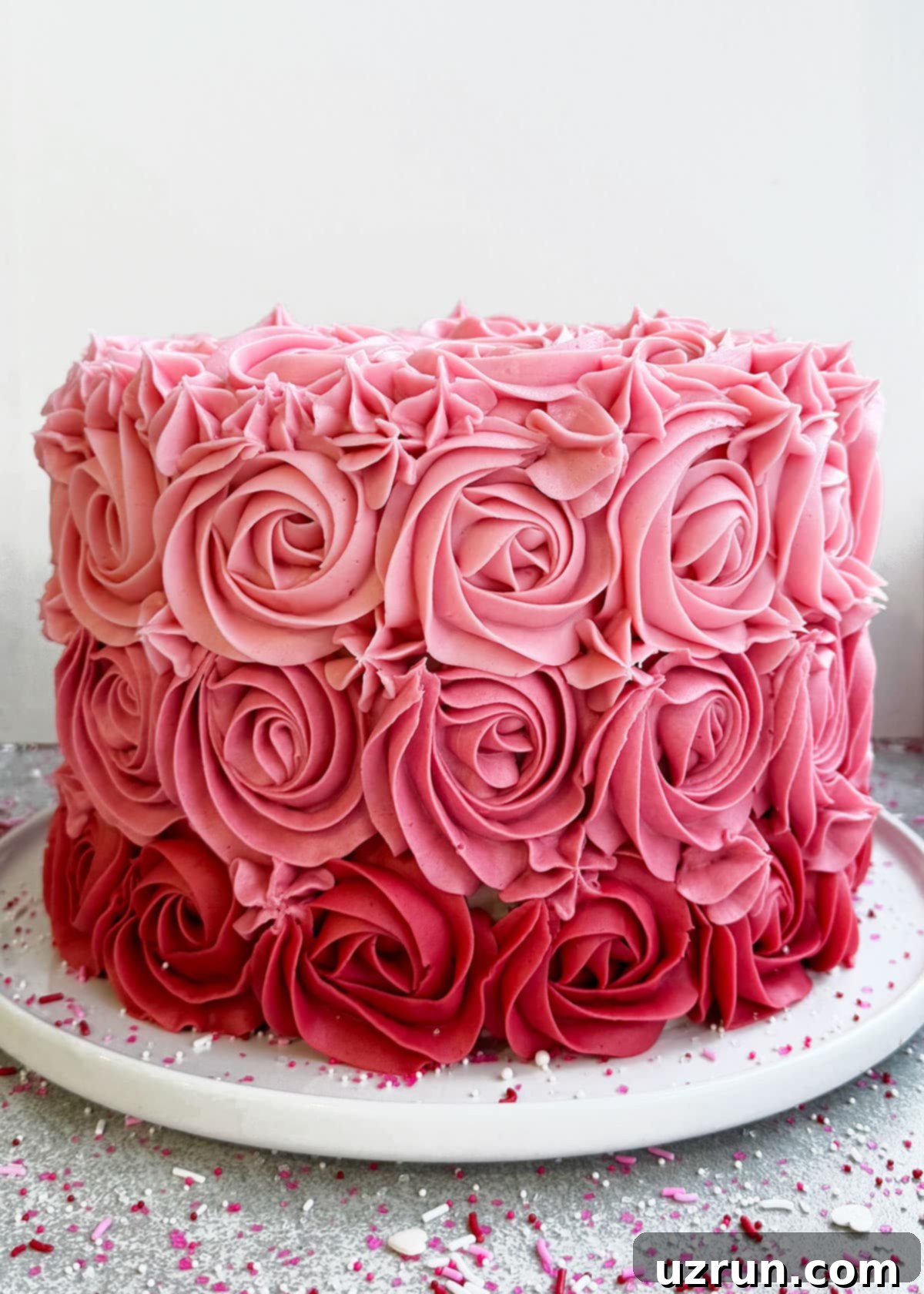 Easy Mother's Day Cake (Pink Ombre Cake) on White Dish with buttercream roses.