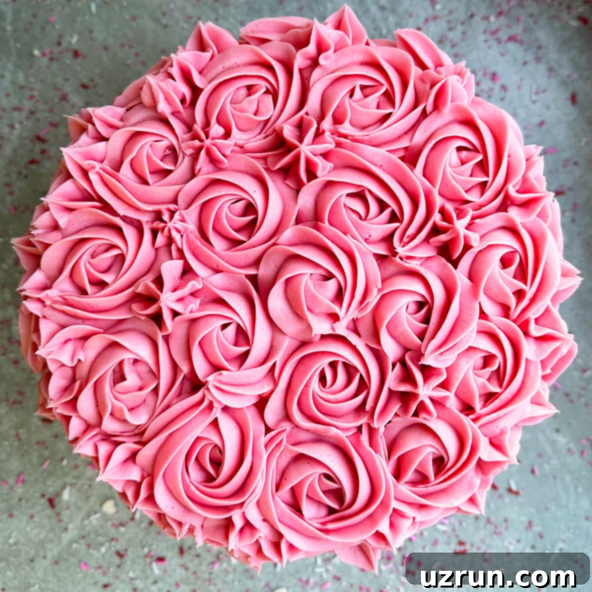 Pink Ombre Mother's Day Celebration 4 Overhead shot of a beautifully decorated pink ombre cake on a rustic gray background.