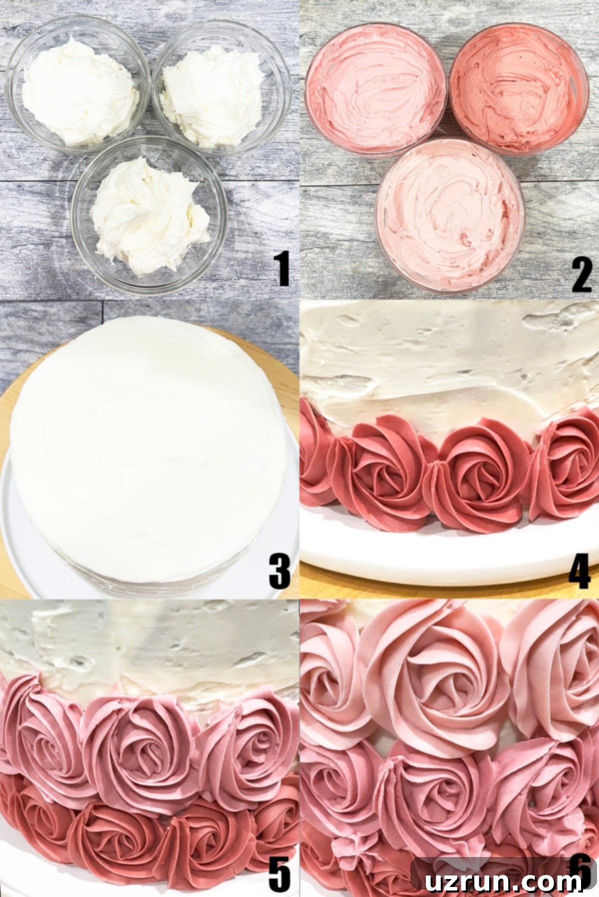 Pink Ombre Mother's Day Celebration 5 Collage image demonstrating the first part of the step-by-step process to make a pink ombre cake.