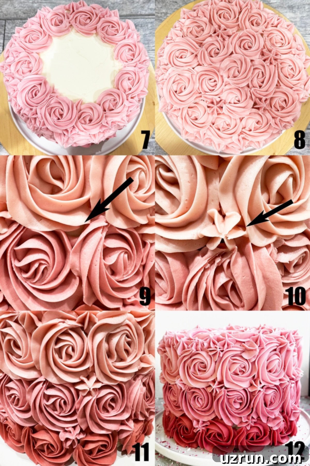 Pink Ombre Mother's Day Celebration 6 Collage image demonstrating the second part of the step-by-step process to make a pink ombre cake with buttercream icing roses.
