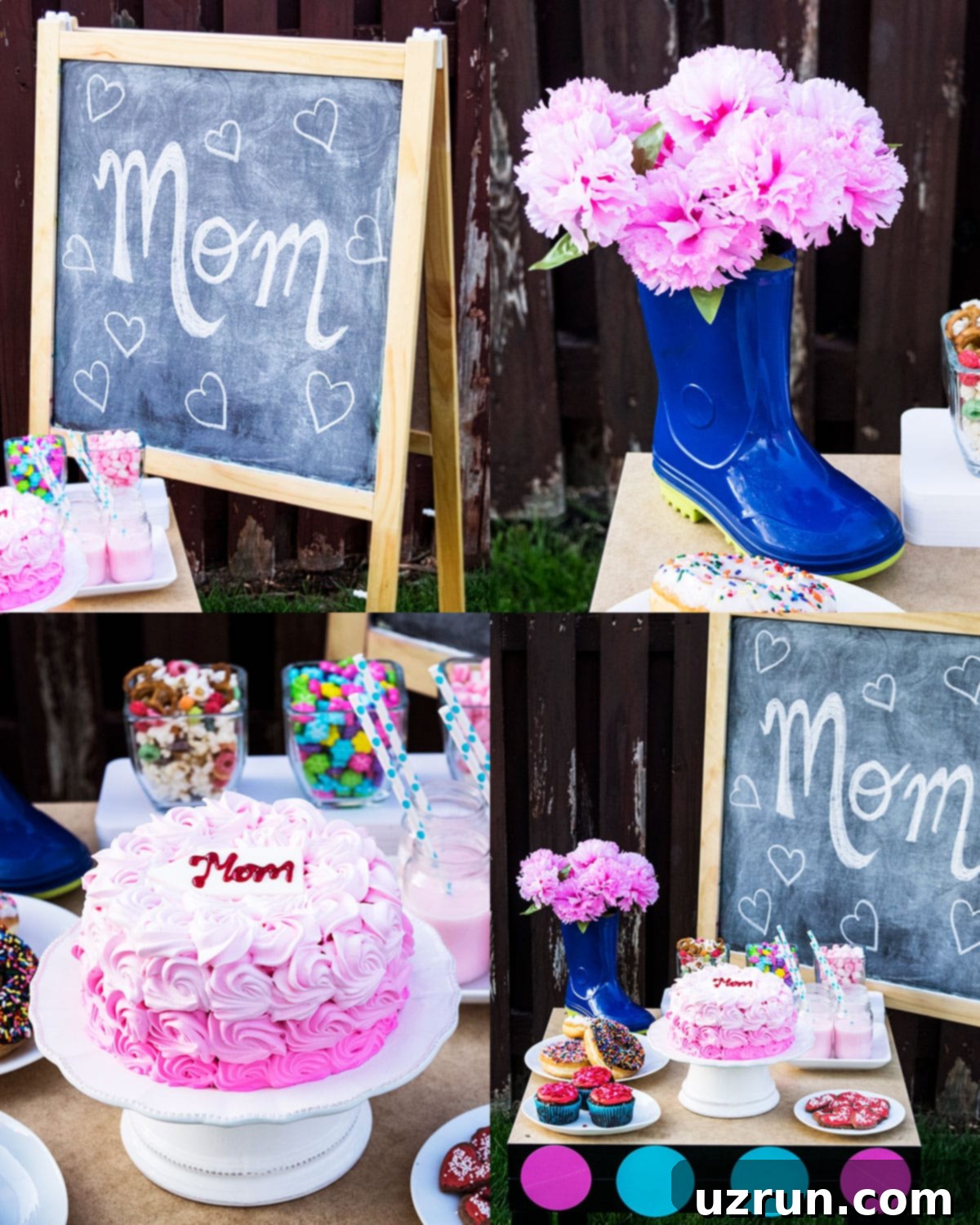 Pink Ombre Mother's Day Celebration 7 Collage image showcasing the beautiful Mother's Day party setup and dessert table.
