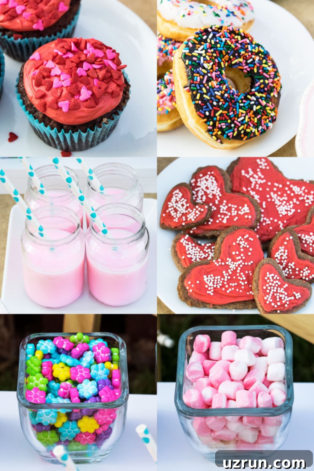 Pink Ombre Mother's Day Celebration 8 Collage image displaying a festive Mother's Day party dessert table with various treats.