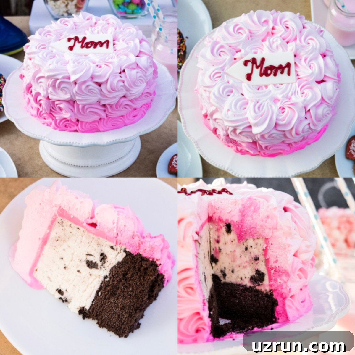 Pink Ombre Mother's Day Celebration 9 Collage image of a beautiful pink ombre ice cream cake from Baskin-Robbins.
