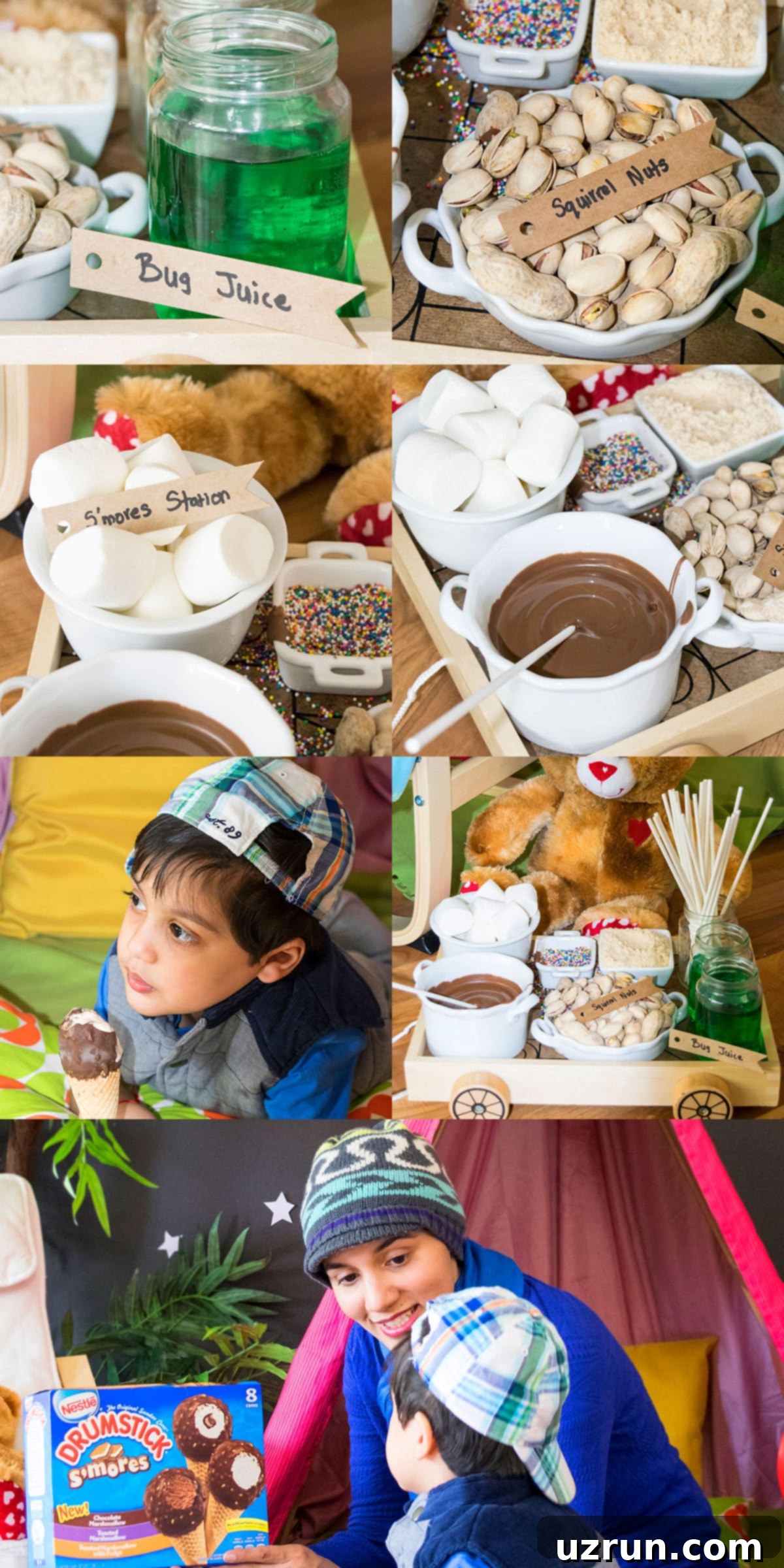 Easy Camping Cake for an Indoor Camping Party 11 Collage of delectable camping party food, including a camping cake, no-fire s'mores, Nestlé Drumstick S'mores ice cream, and 'green bug juice' in jars.