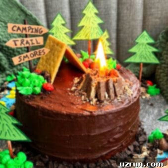 Easy Camping Cake for an Indoor Camping Party 12 Easy Camping Cake with a real, lit campfire and a graham cracker tent, surrounded by candy decorations on a rustic gray cake board.