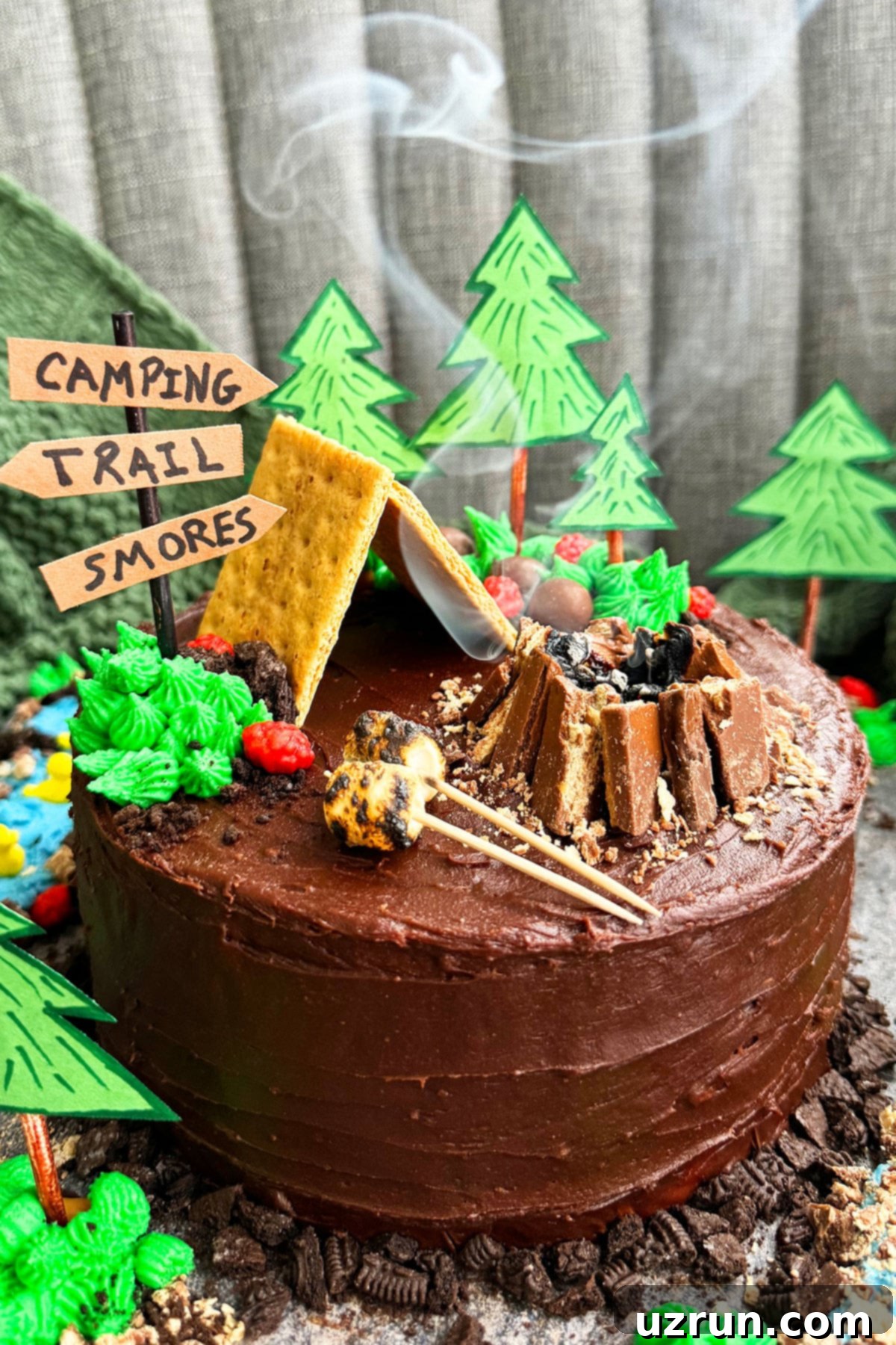 Easy Camping Cake for an Indoor Camping Party 3 Easy homemade camping birthday cake with a smoking marshmallow effect over the miniature campfire, surrounded by candy rocks and cookie crumbs.
