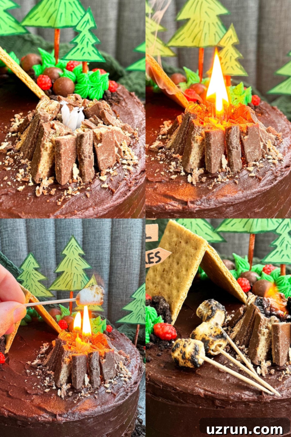 Easy Camping Cake for an Indoor Camping Party 4 Close-up collage of an easy camping cake showing details of the miniature campfire with real flames, graham cracker tent, and candy decorations.