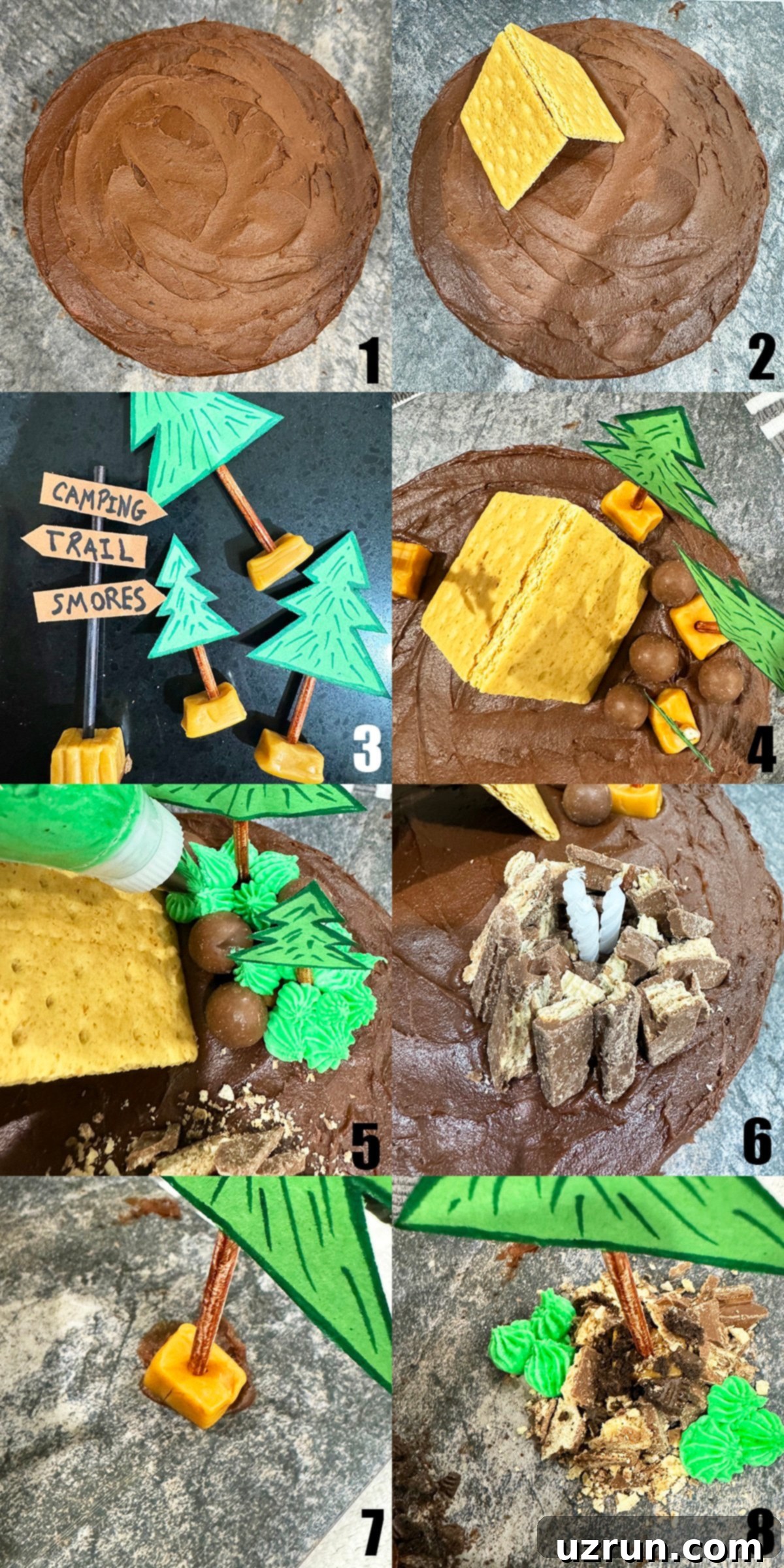 Easy Camping Cake for an Indoor Camping Party 5 Collage of step-by-step images showing the process of decorating a camping cake, including frosting, building a tent, adding trees, and piping grass.