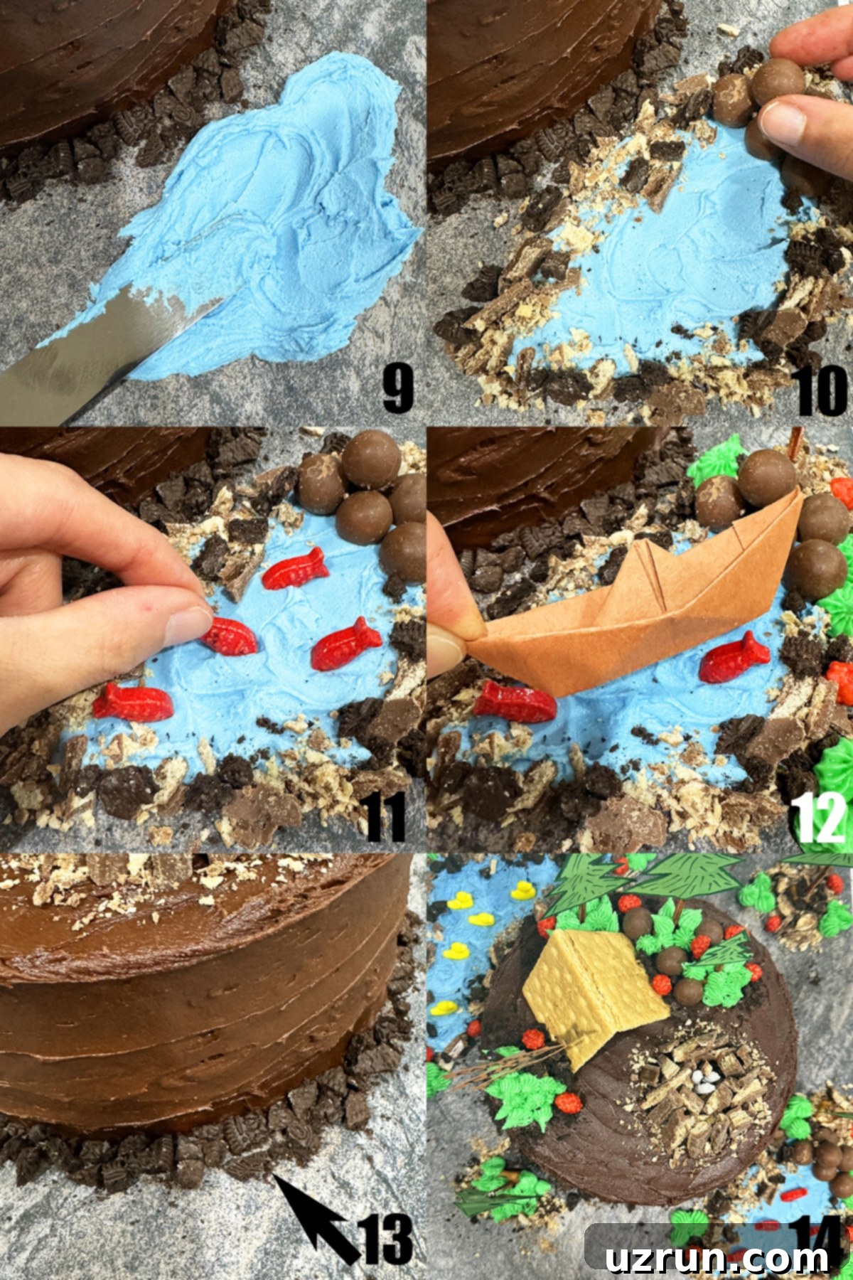 Easy Camping Cake for an Indoor Camping Party 6 Collage of step-by-step images demonstrating how to add details to the camping cake board, including creating lakes with blue icing, adding candy rocks, fish, and a paper boat.