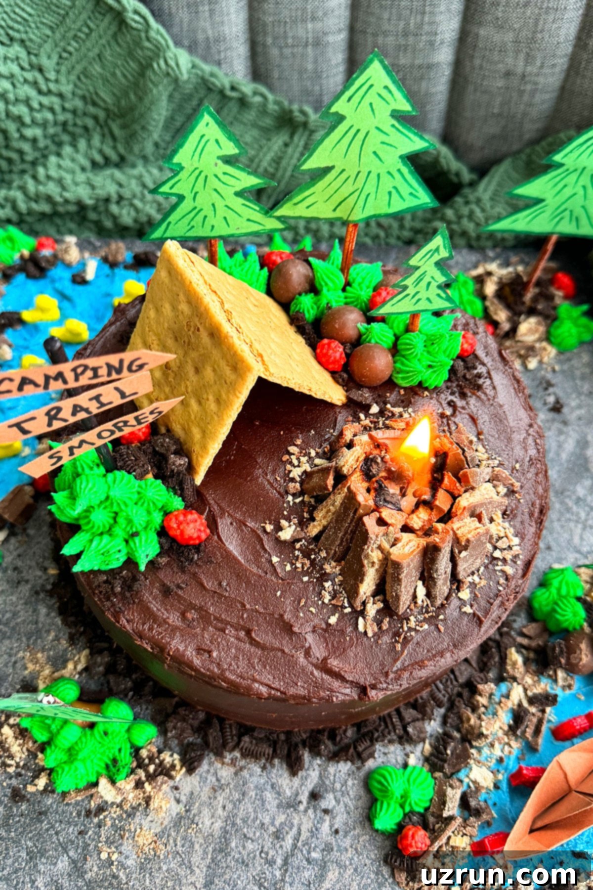 Easy Camping Cake for an Indoor Camping Party 7 Overhead shot of a meticulously decorated camping birthday cake with a central campfire, a tent, candy rocks, and green grass.