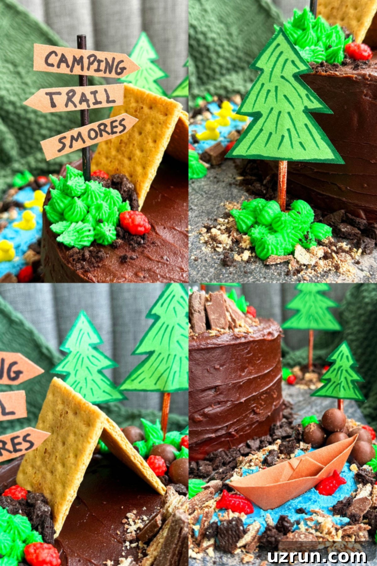 Easy Camping Cake for an Indoor Camping Party 8 Close-up collage showing intricate details of the camping cake, including the textured frosting, candy elements, and overall rustic design.
