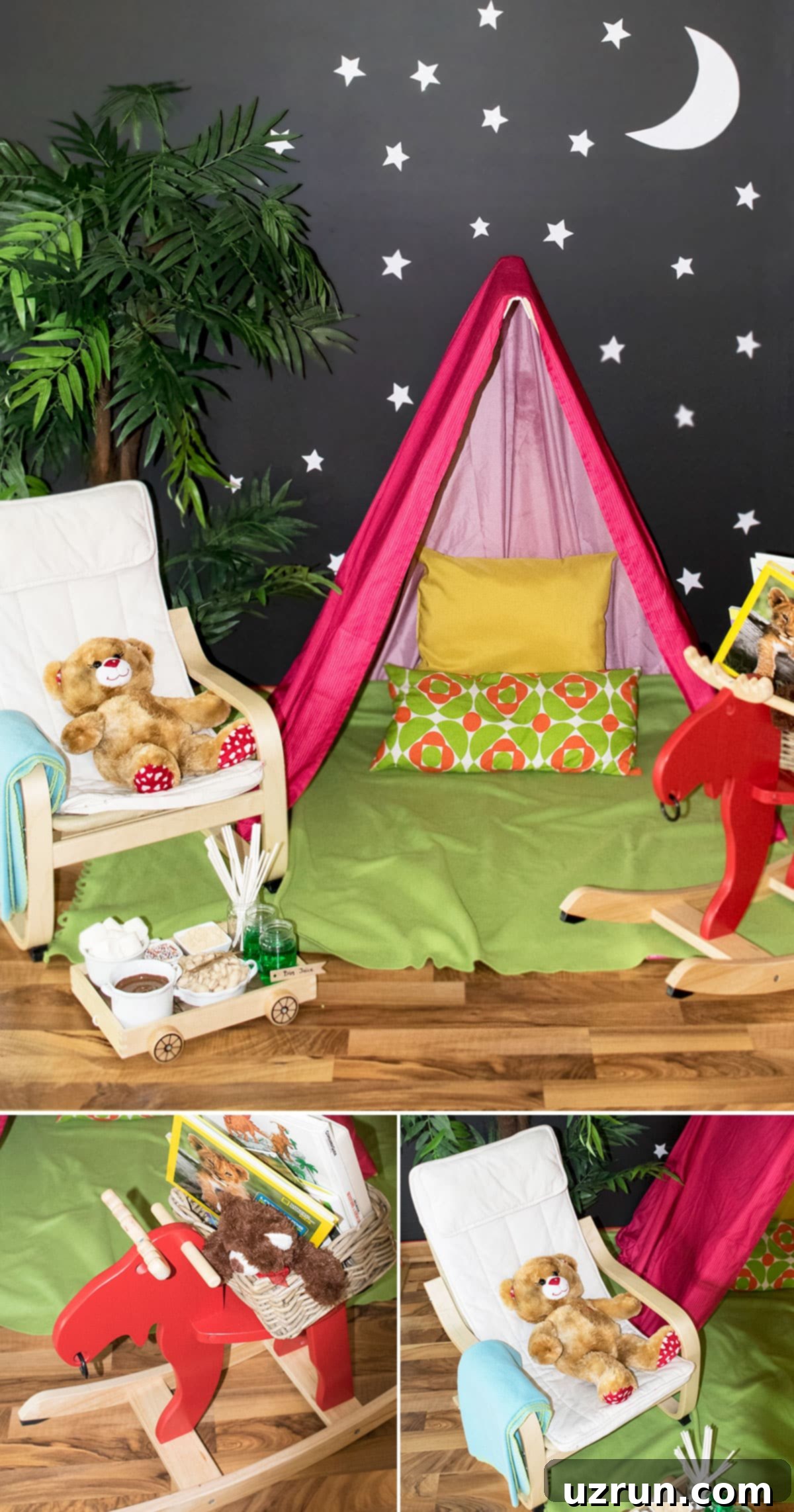 Easy Camping Cake for an Indoor Camping Party 9 Collage of images showing an indoor camping party setup with a tent, blankets, pillows, artificial plants, and starry wall decorations.