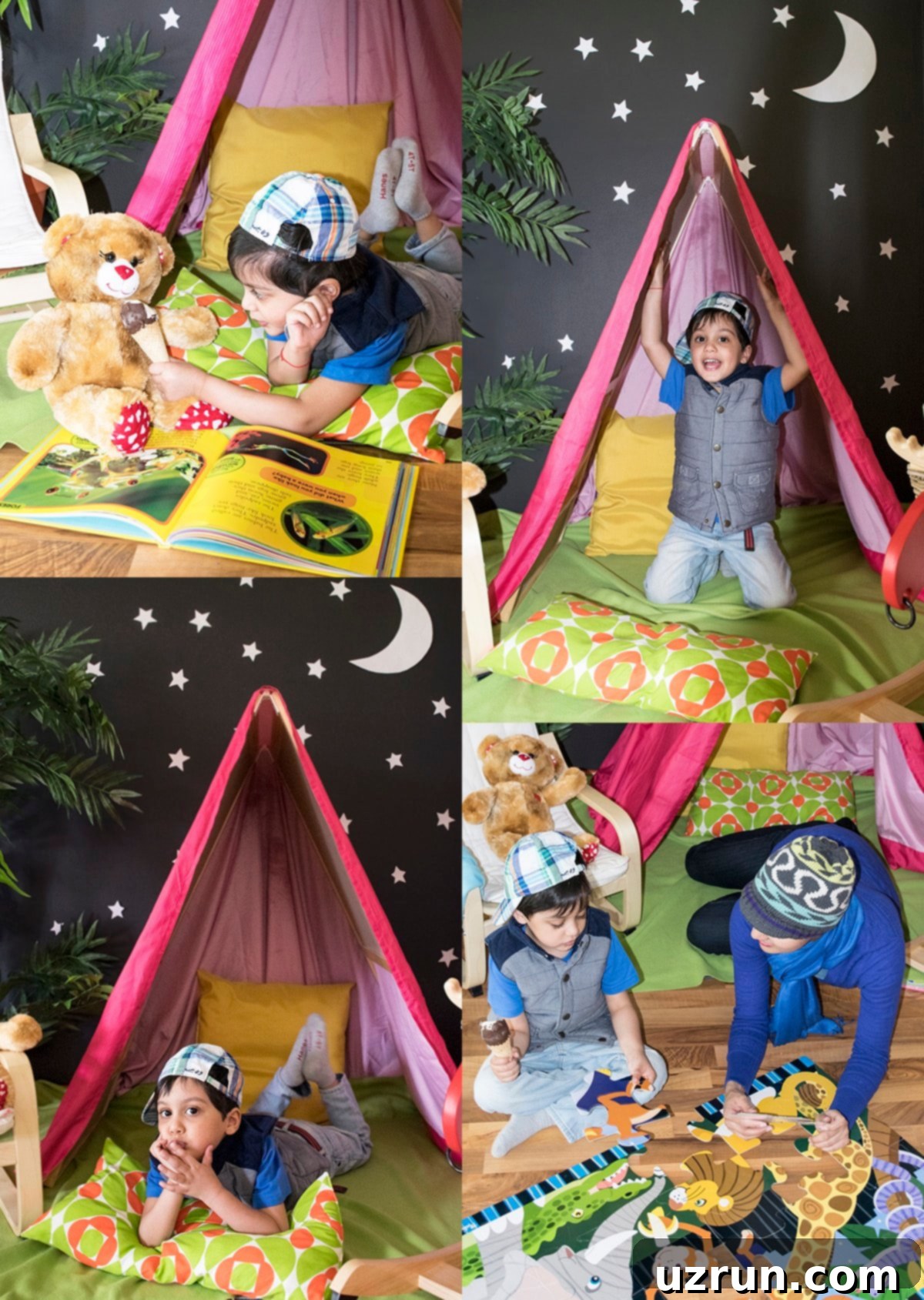 Easy Camping Cake for an Indoor Camping Party 10 Collage showcasing fun indoor camping party activities, including reading, puzzles, and pretend play with stuffed animals.
