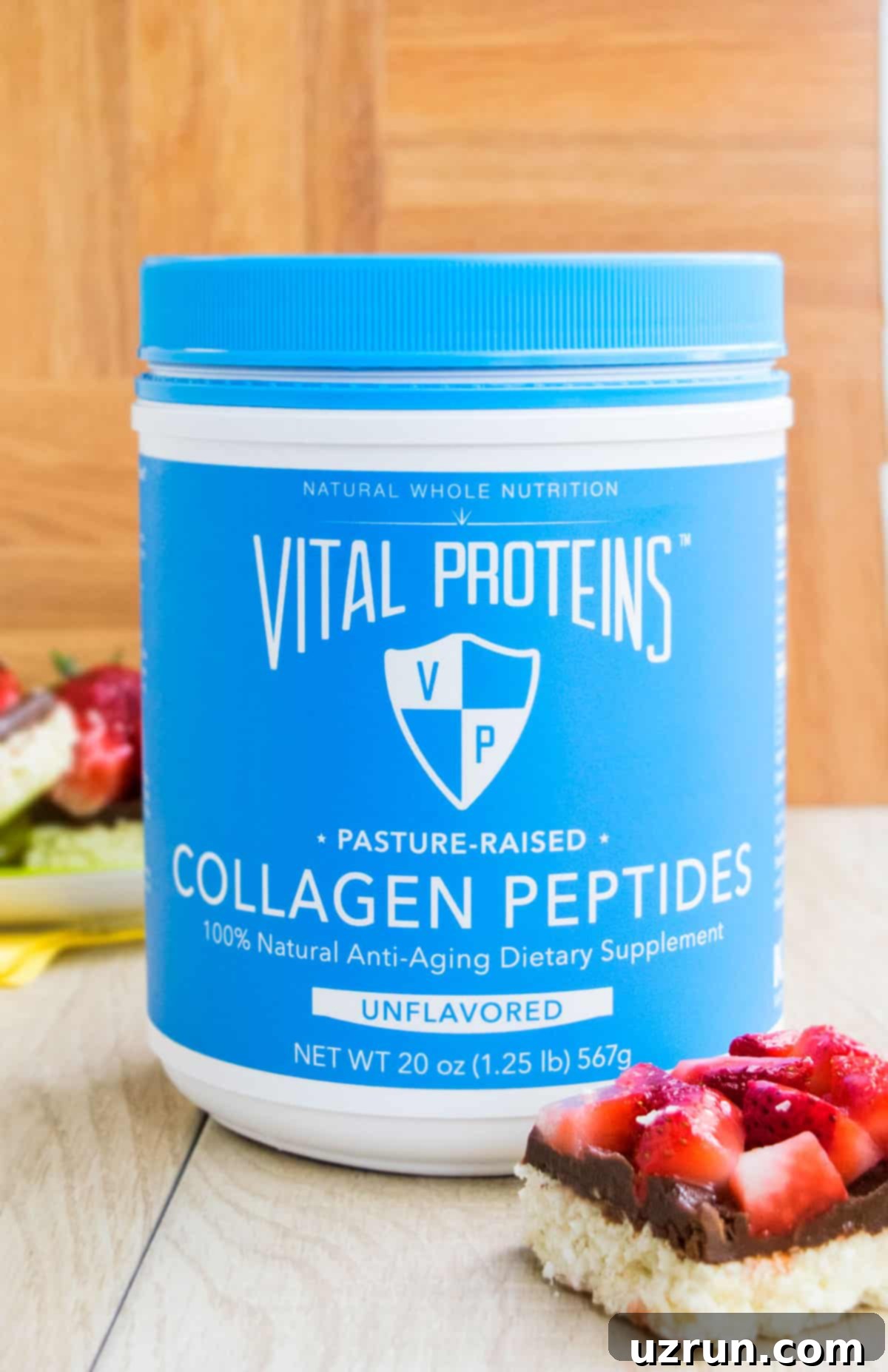 Chocolate Coconut Macaroon Bars 11 Can of Vital Proteins Collagen Peptides, emphasizing the optional healthy addition to the recipe.