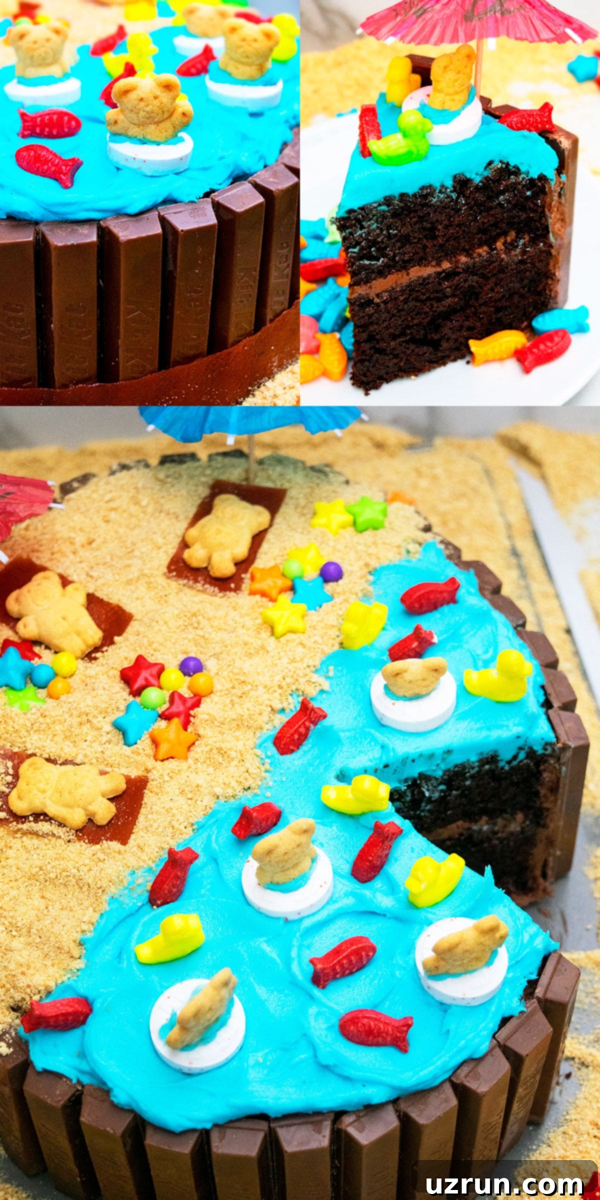 Backyard Fun Kids' Summer Cake 3 Collage Image With Decorated Birthday Cake Details.