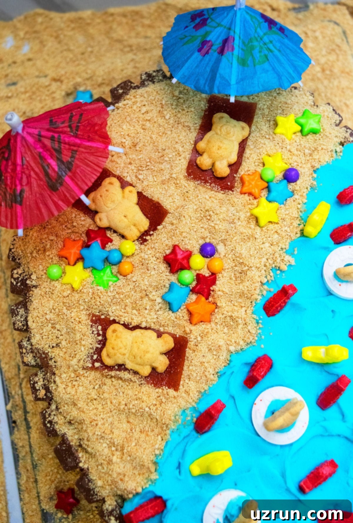 Backyard Fun Kids' Summer Cake 4 Homemade Summer Pool Party Cake- Overhead Shot.