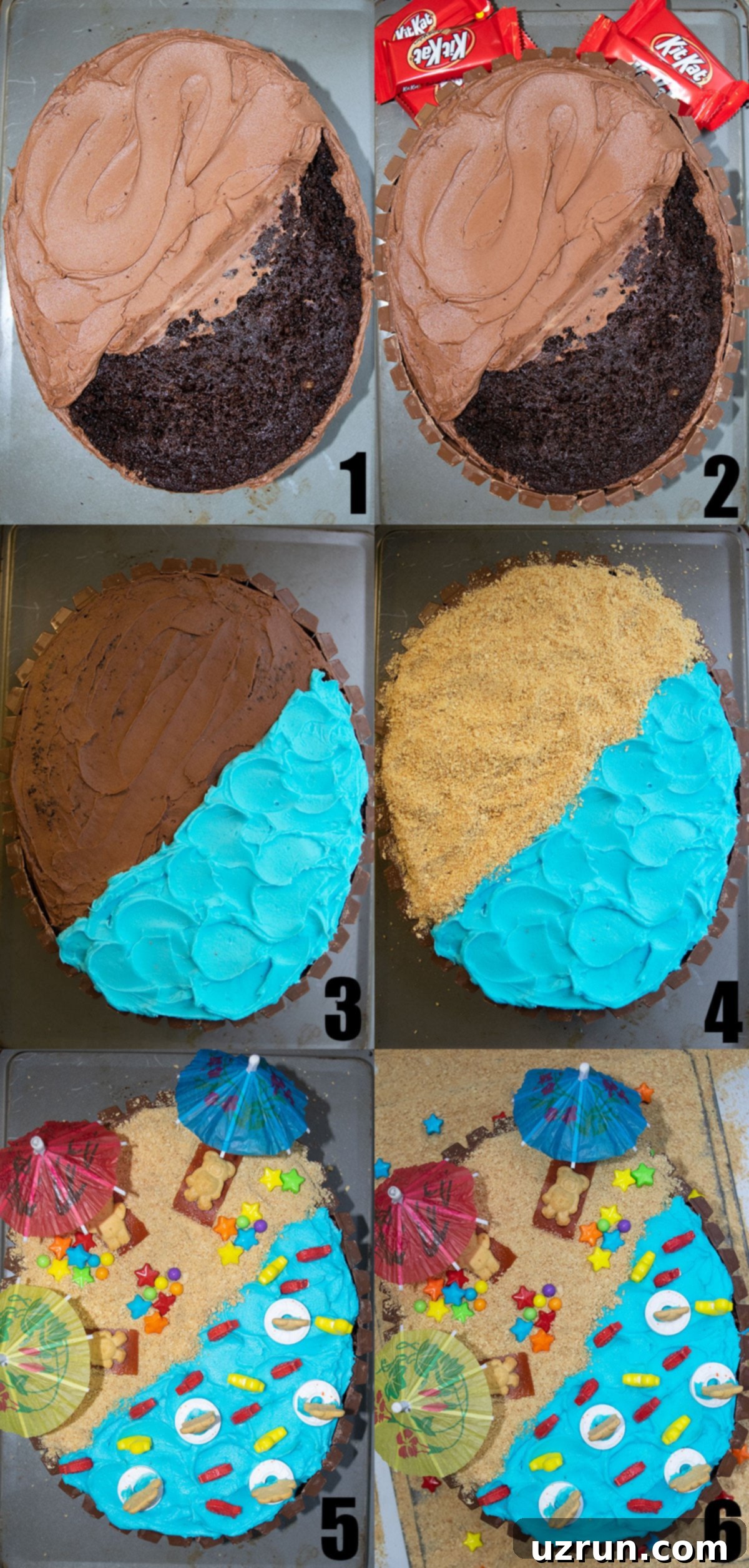 Backyard Fun Kids' Summer Cake 5 Collage Image With Step by Step Process Shots on How to Make Summer Cake With Kit Kat.