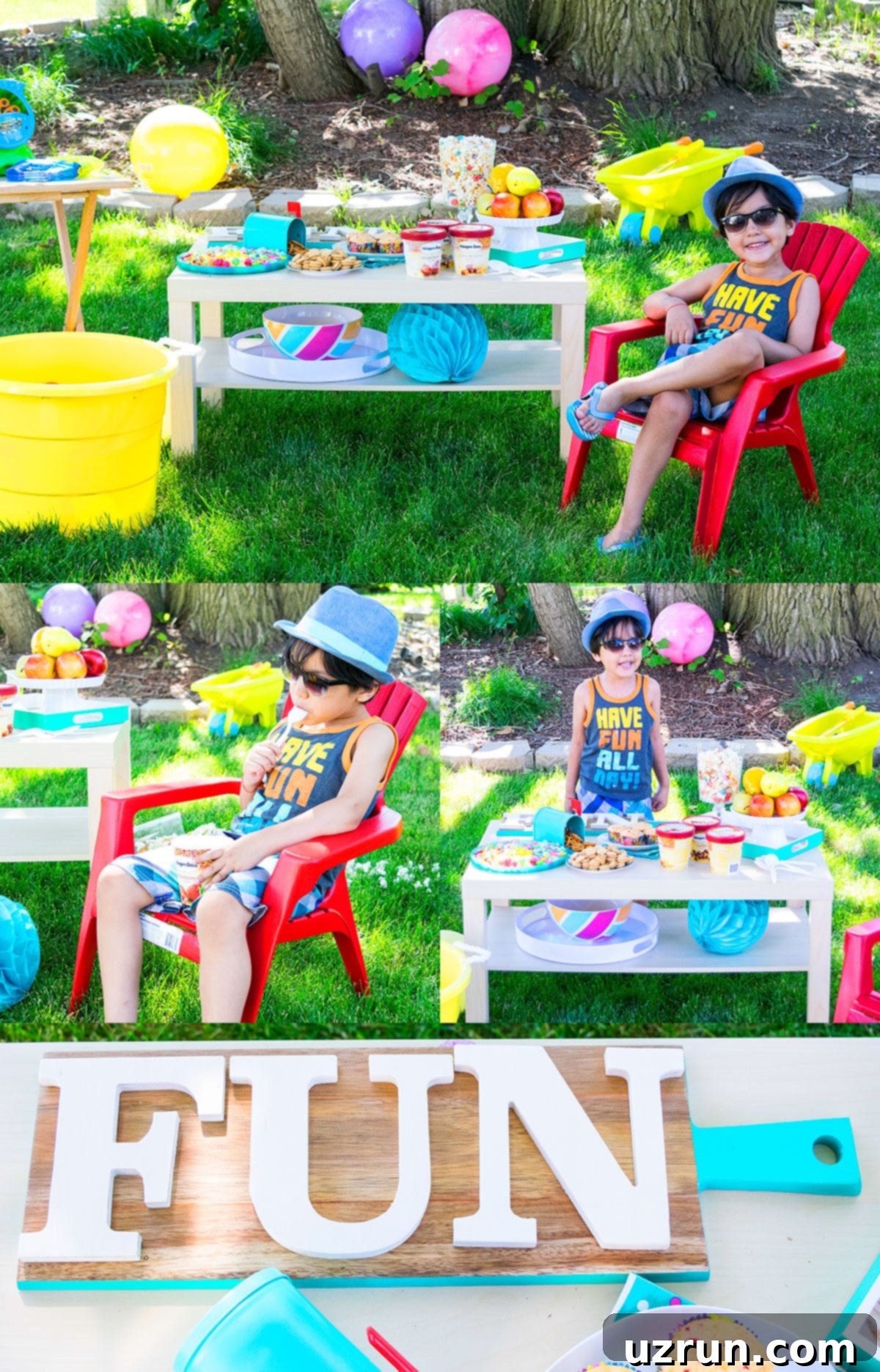 Backyard Fun Kids' Summer Cake 6 Collage Image With Kids Backyard Summer Party Setup.