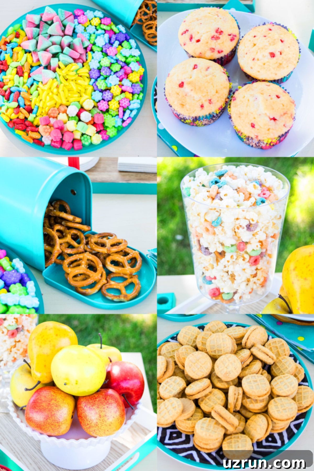 Backyard Fun Kids' Summer Cake 7 Collage Image With Kids Backyard Summer Party Food and Dessert Table.