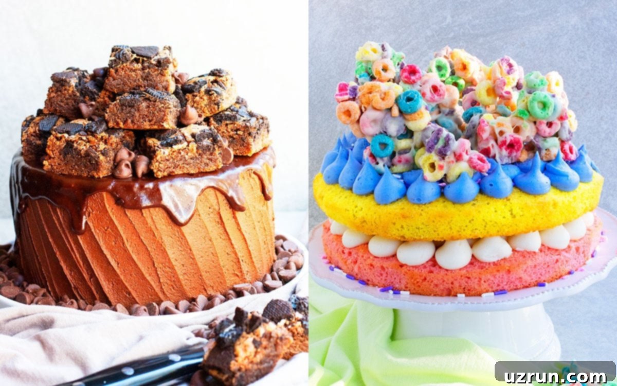 Easy Cake Decorating Ideas for Beginners 16 A cake decorated with pieces of brownies and other dessert bars, adding texture and flavor.