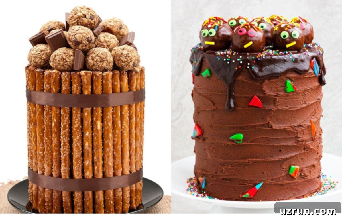 Easy Cake Decorating Ideas for Beginners 17 An elegantly decorated cake featuring pretzel rods, chocolate pieces, and peanut butter energy balls.
