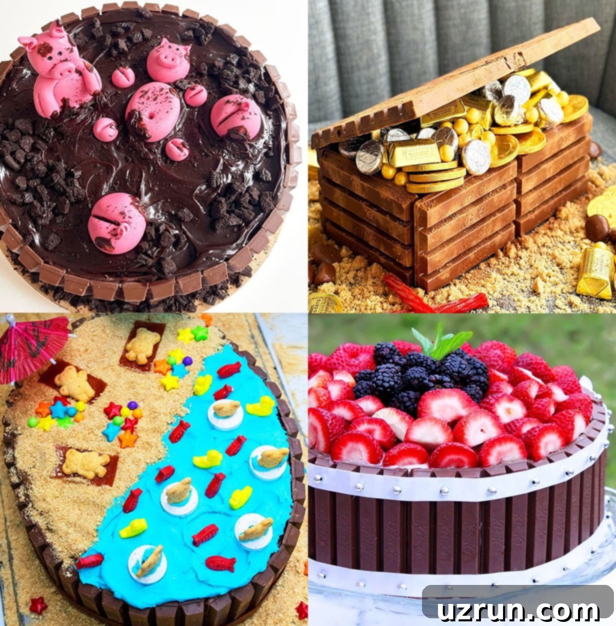 Easy Cake Decorating Ideas for Beginners 8 A creative cake surrounded by Kit Kat bars and topped with candies, concealing any frosting imperfections.