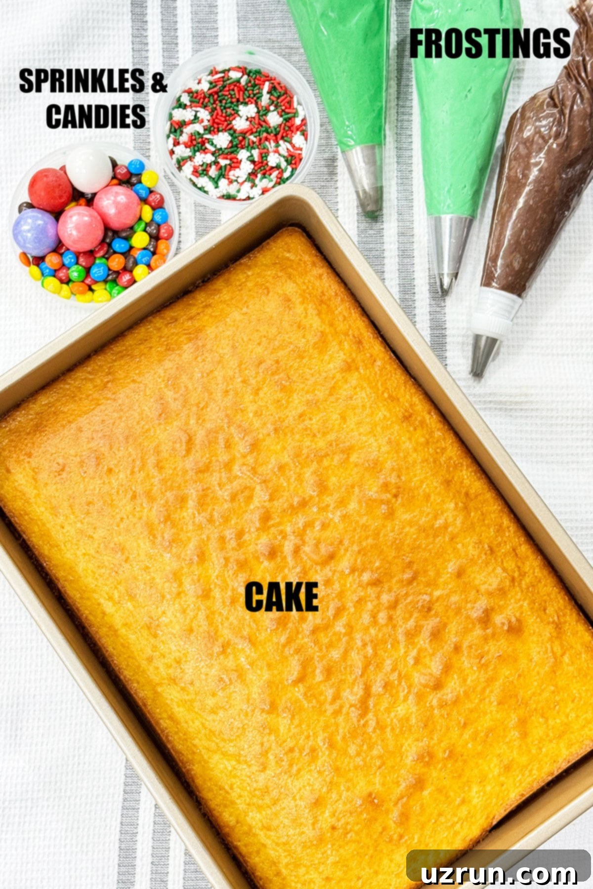 Easy Christmas Tree Cake 3 Ingredients For Holiday Cake on Striped Background.