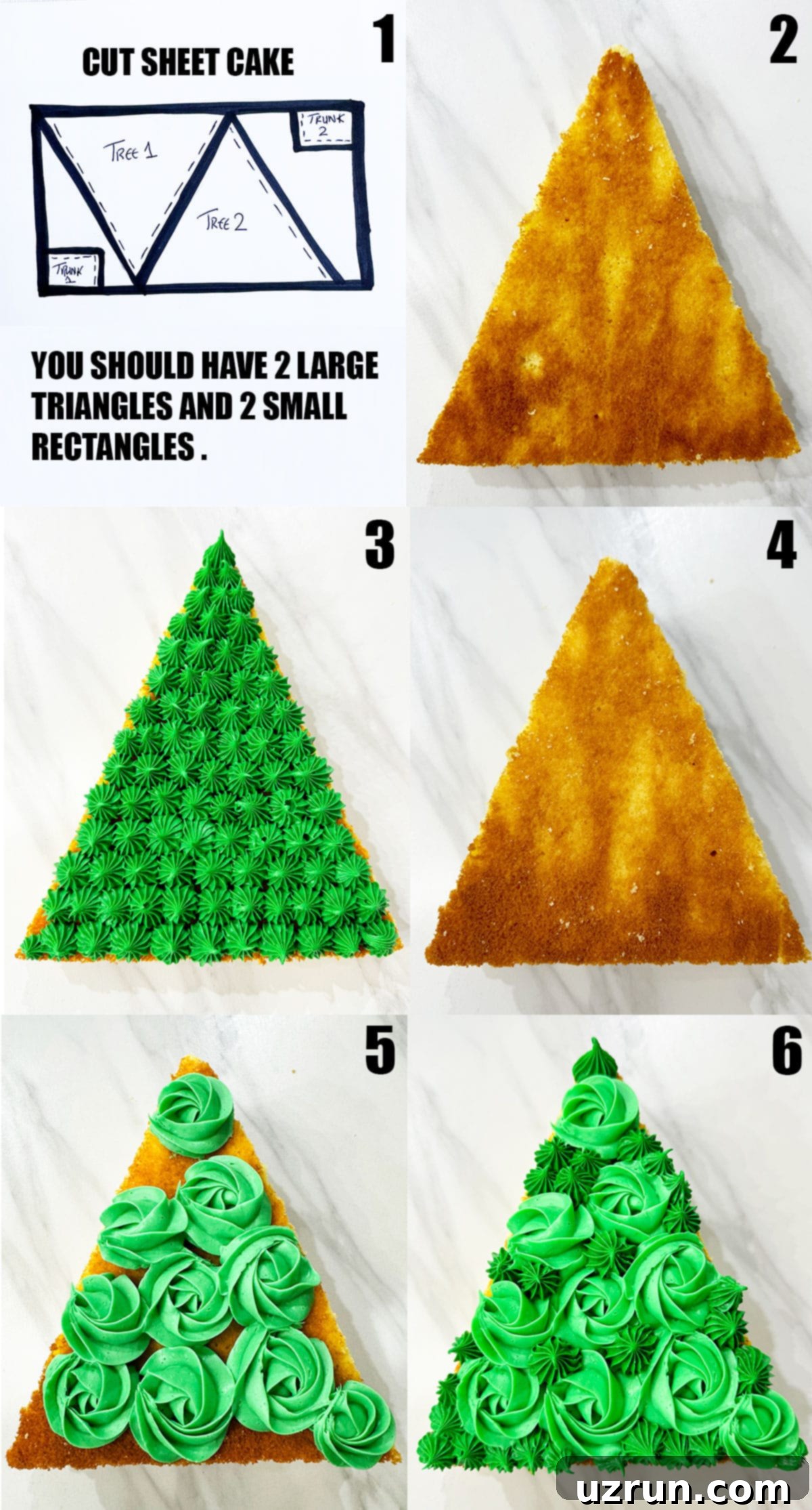 Easy Christmas Tree Cake 4 Collage Image With Step by Step Process Shots on How to Make Christmas Tree Cake.