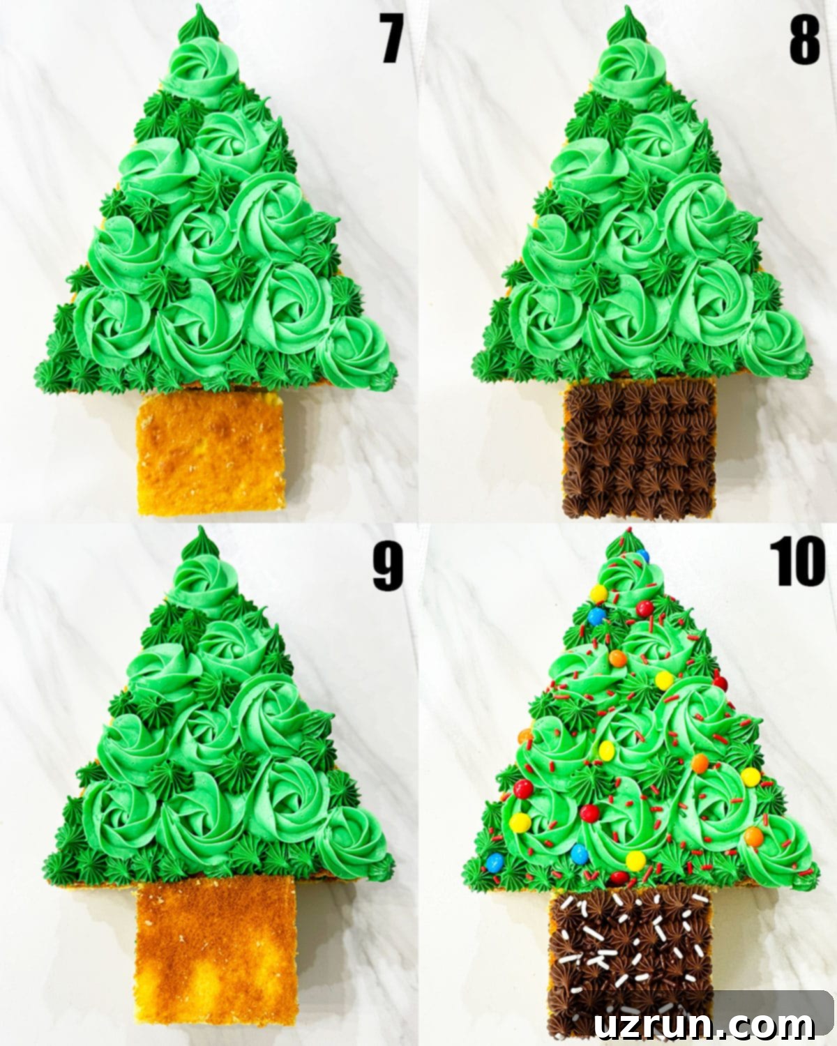 Easy Christmas Tree Cake 5 Collage Image With Step by Step Process Shots on How to Decorate Christmas Cake.