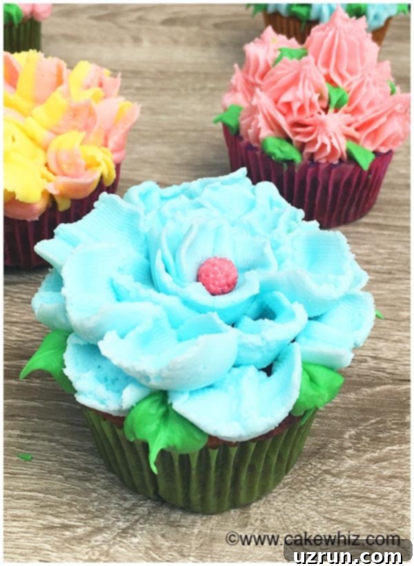 Russian Piping Tips Buttercream Tutorial 3 russian piping tips tutorial 11 - Assortment of colorful spring flowers on cupcakes.
