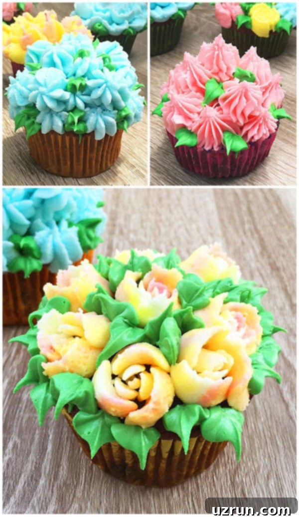 Russian Piping Tips Buttercream Tutorial 4 Russian Piping Tips Tutorial For Cupcakes, Cakes (Easy Cake Decorating) - Cupcakes decorated with layered buttercream flowers and leaves.