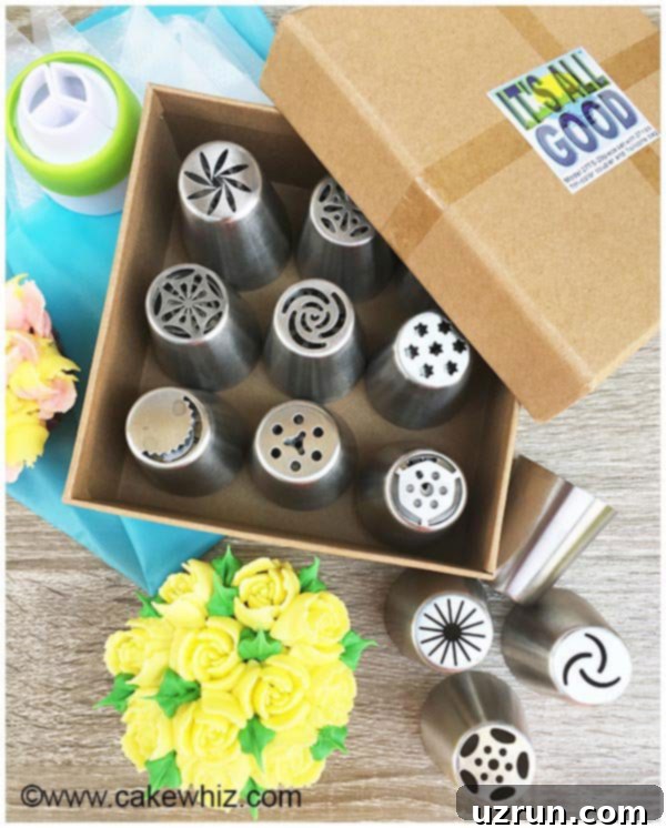 Russian Piping Tips Buttercream Tutorial 6 Russian Tips Review 9 - Contents of a Russian piping tip set including tips, coupler, and bags.