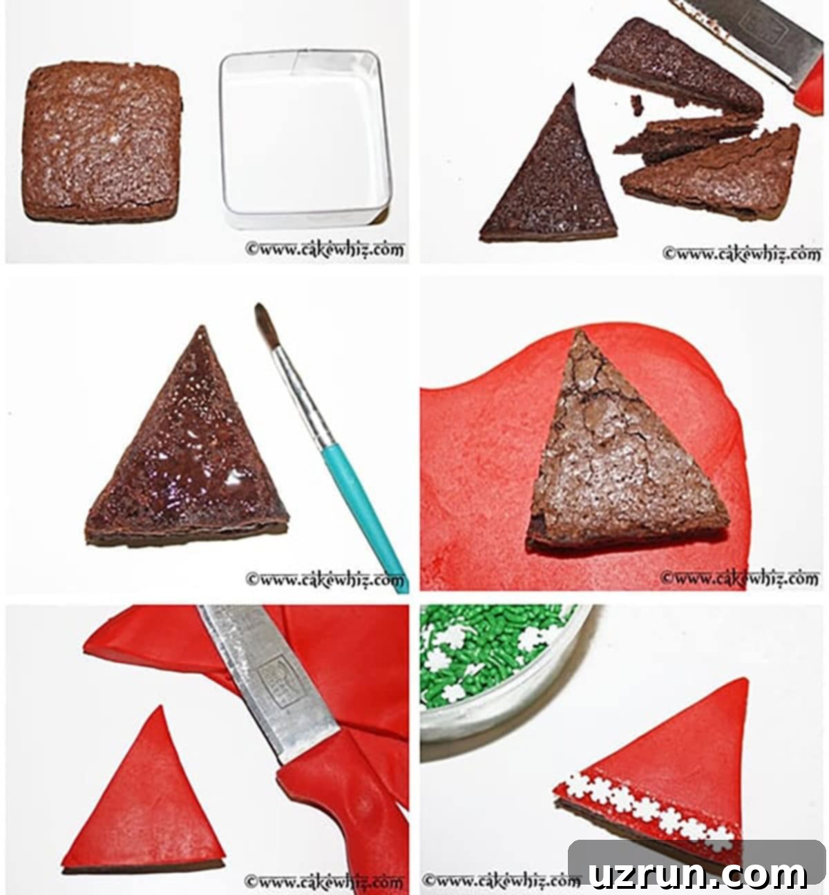 Christmas Santa Hat Brownie Bites 11 Collage Image With Step by Step Pictures on How to Make Festive Holiday Brownies With Fondant. A visual guide demonstrating the steps to create Santa hat brownies using red fondant, showing cutting, covering, and decorating stages.