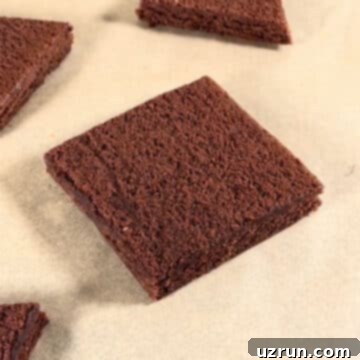 Christmas Santa Hat Brownie Bites 3 Square brownie slice on brown parchment paper, ready for cutting. The brownie is dark and fudgy.