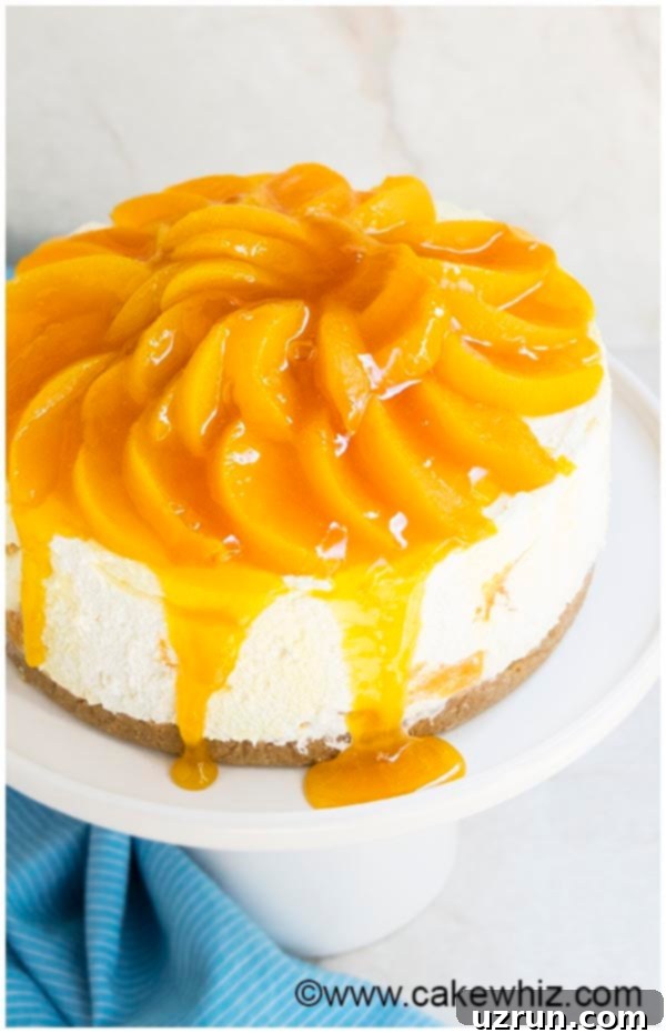 Delicious slice of no-bake peach cheesecake with fresh peach slices and syrup on top.