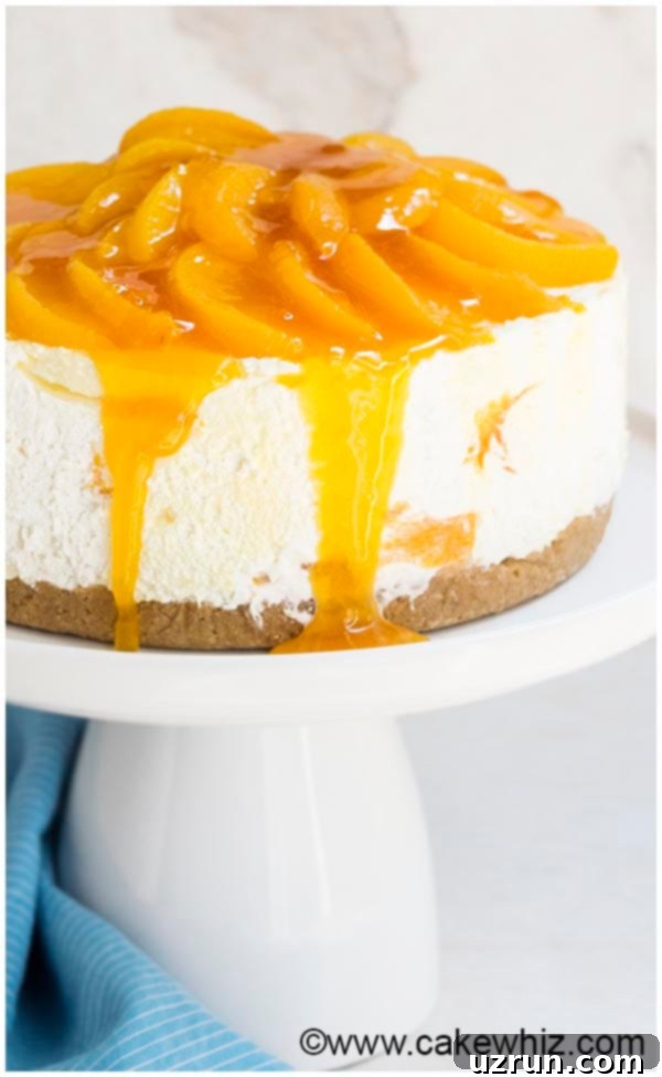 Close-up of a full no-bake peach cheesecake showing the distinct layers and peach topping.