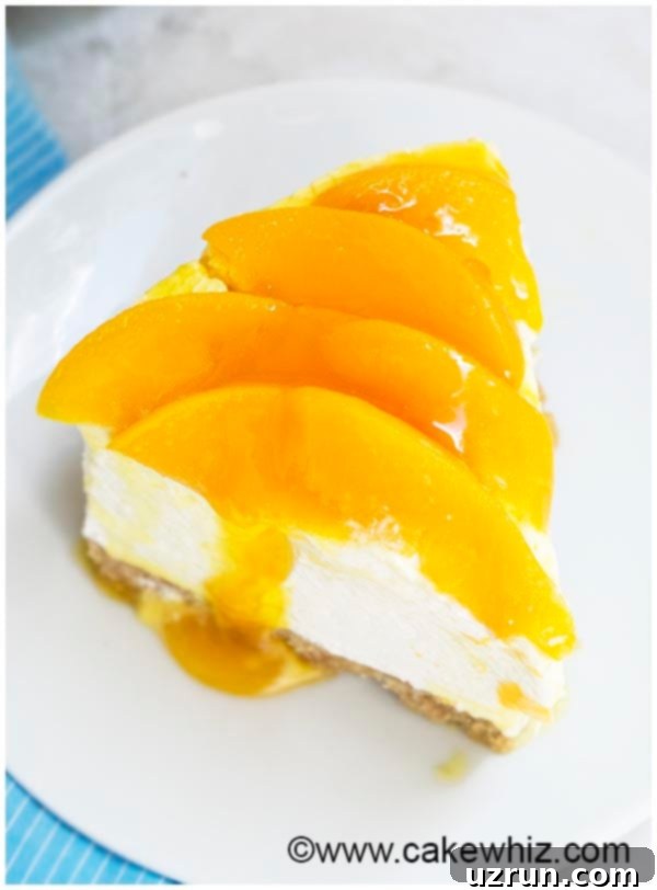 A slice of no-bake peach cheesecake on a plate with peach syrup drizzled, highlighting its creamy texture.