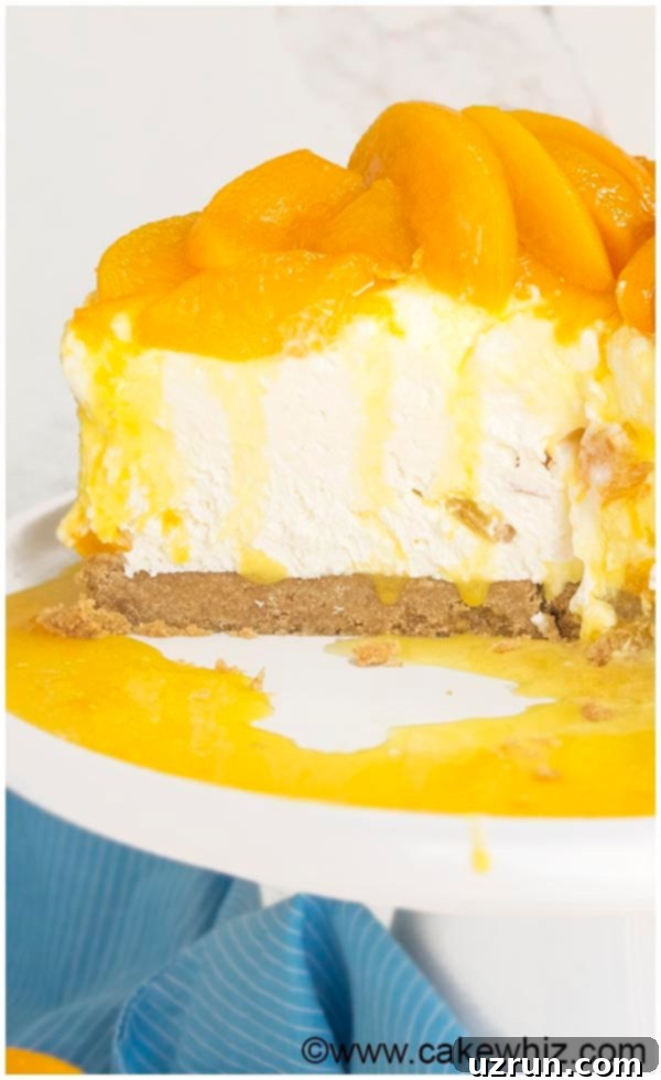 A beautifully presented no-bake peach cheesecake, ready to be served, showing its vibrant color.