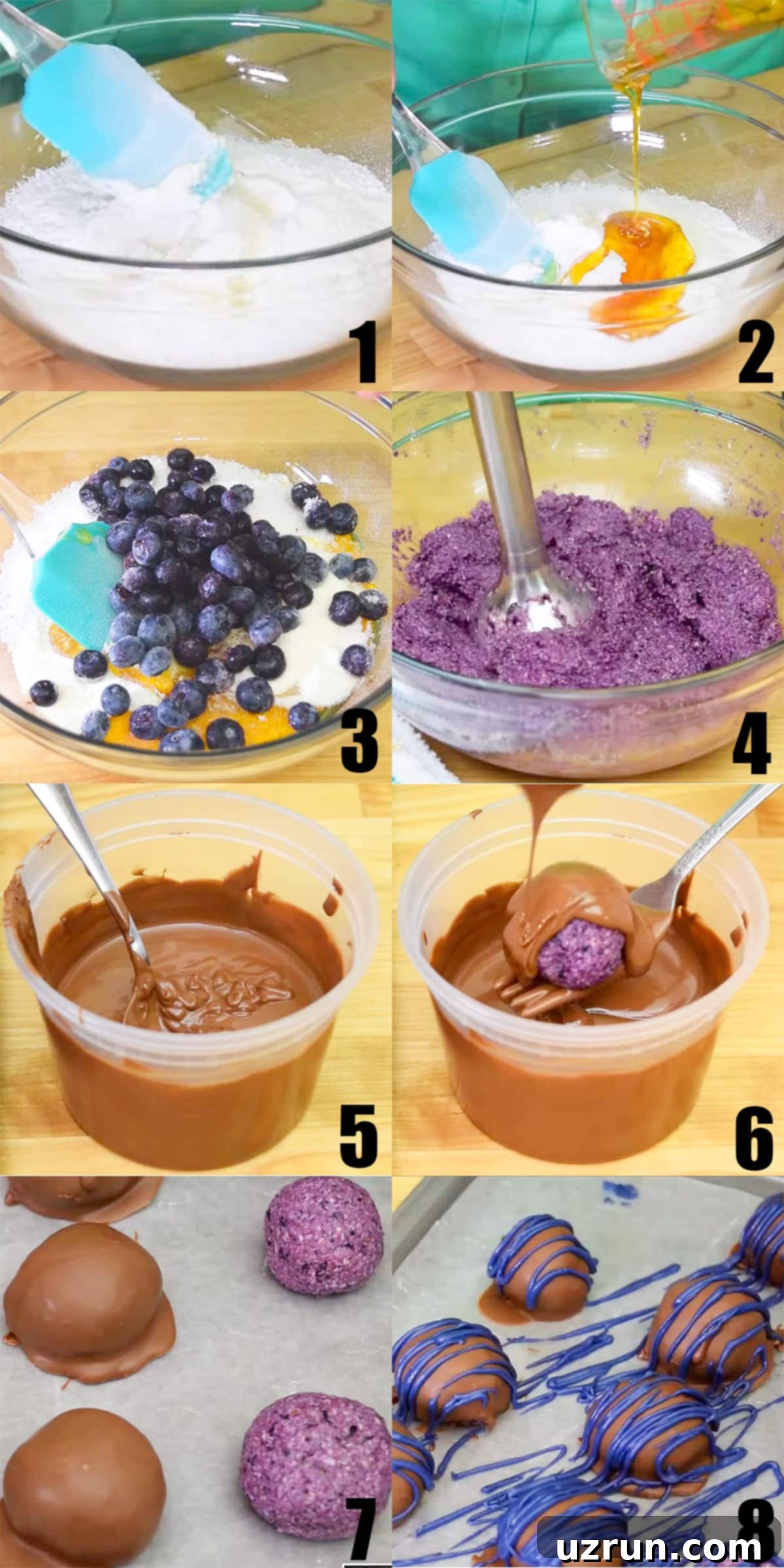 Effortless Chocolate Blueberry Truffles 3 Collage Image With Step by Step Process Shots on How to Make Blueberry Truffles.