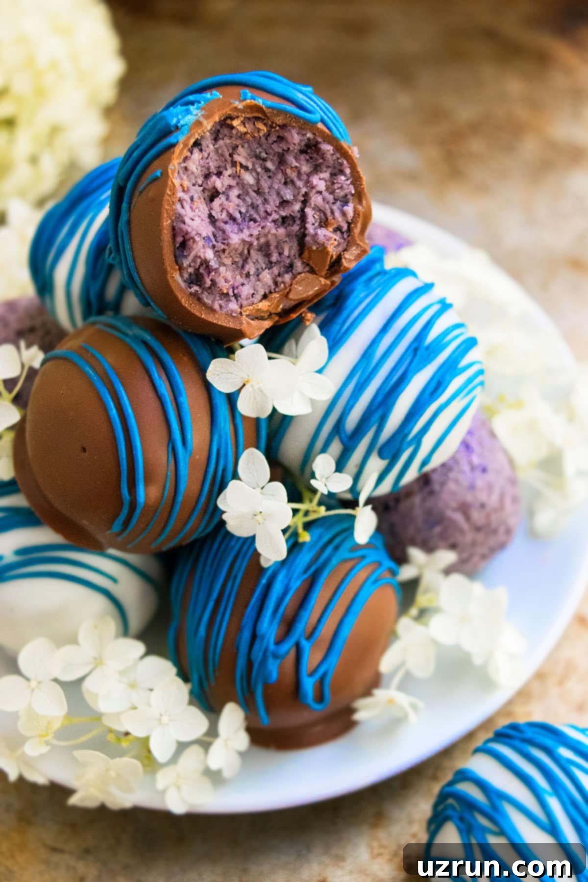 Effortless Chocolate Blueberry Truffles 5 Stack of Chocolate Dipped Truffles on White Dish With Flowers.