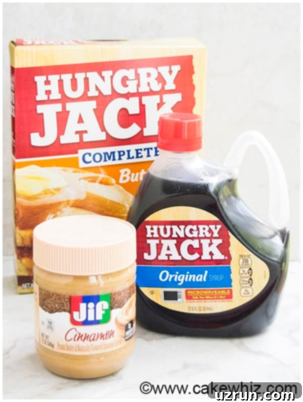 Waffle Cake Made Easy 5 Hungry Jack and Jif products on a marble background, showcasing the ingredients used.