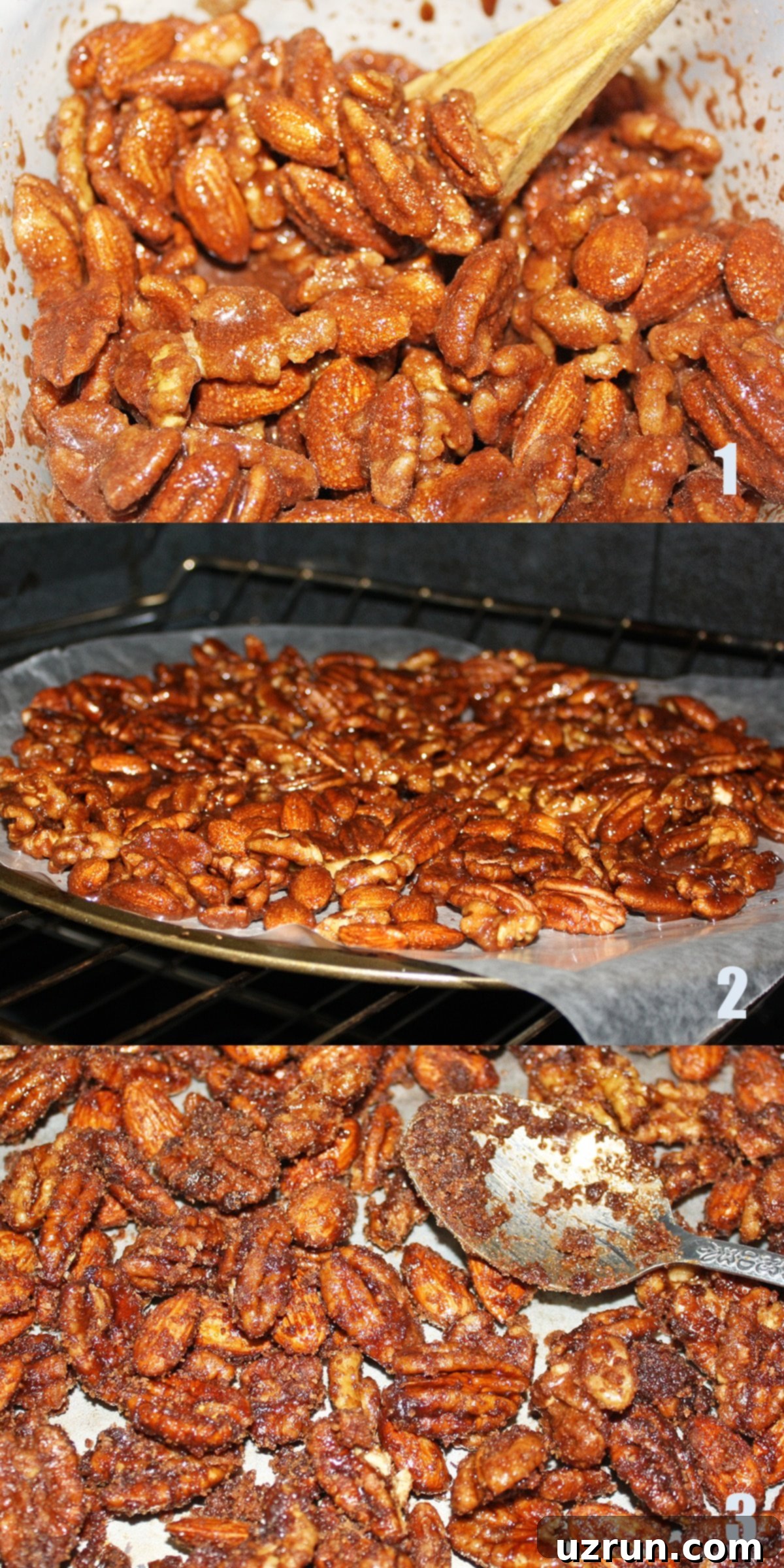 Homemade Candied Nuts 3 Collage Image With Process Shots on How to Make Sugar Coated Nuts.