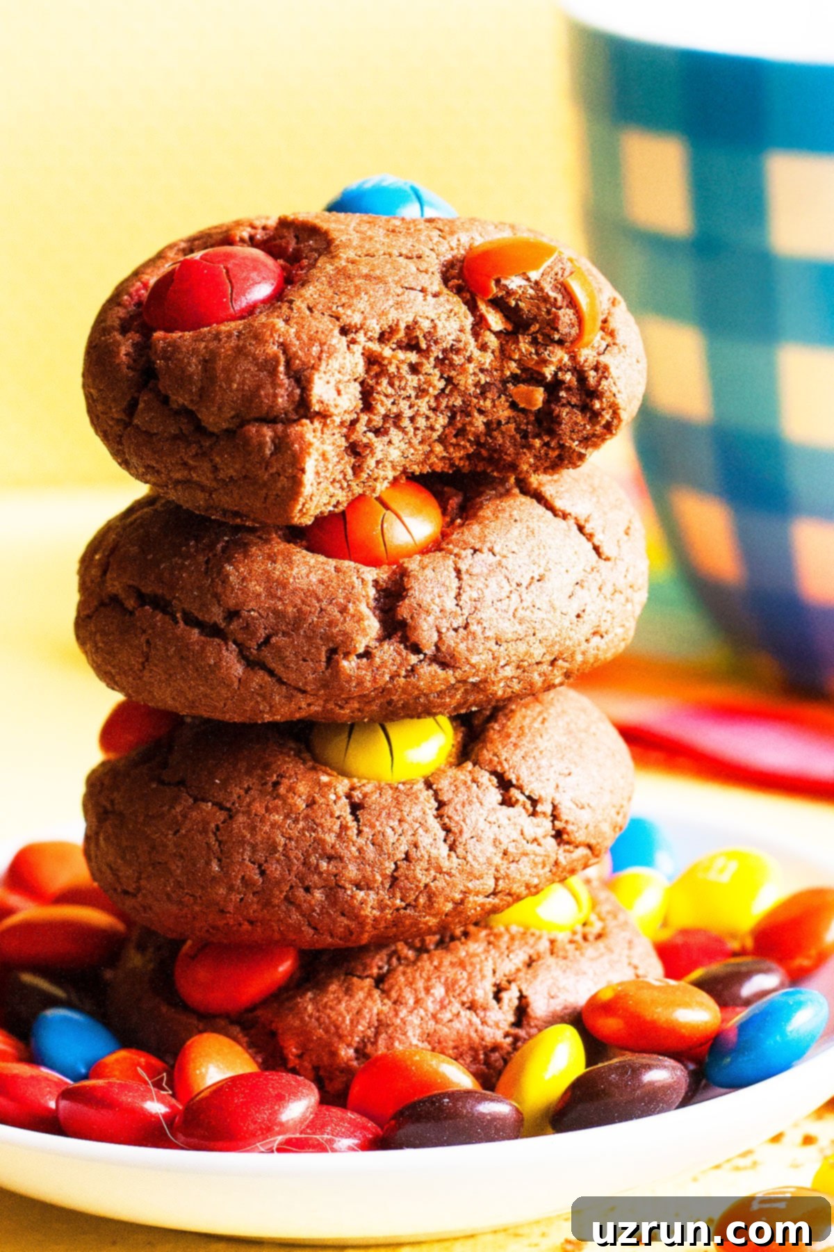 Easy Chocolate M and M Cake Mix Cookies 3 Stack of Cake Mix Cookies With Colorful Candies on White Dish.