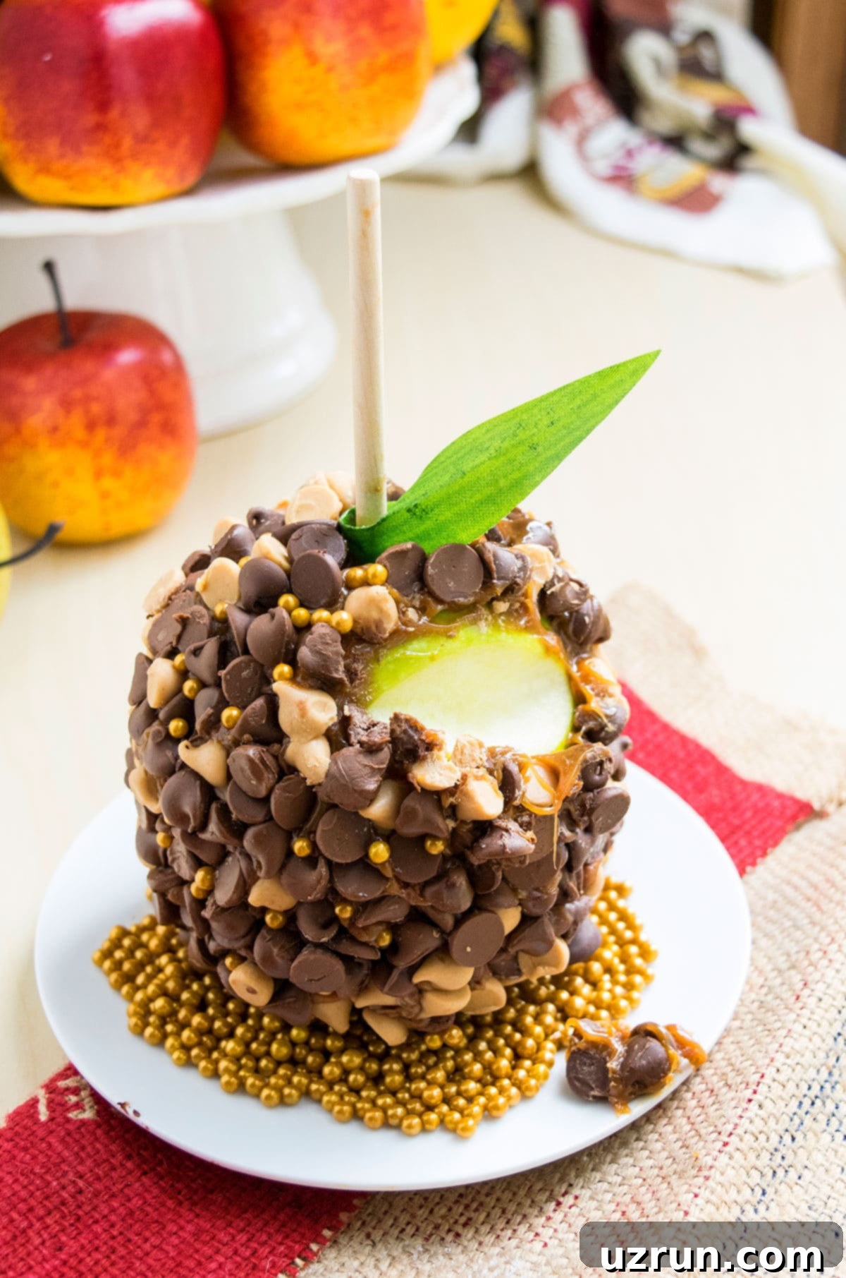 Decadent Chocolate Caramel Apple Recipe 3 Easy Homemade Chocolate Caramel Apples on White Dish- Partially Eaten, showcasing the delicious layers.