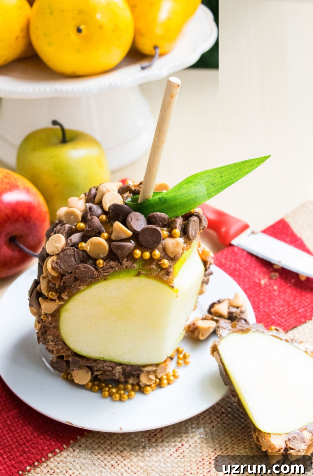 Decadent Chocolate Caramel Apple Recipe 4 Beautifully Sliced Chocolate Caramel Apples on White Dish, showing inner layers of apple, caramel, and chocolate.