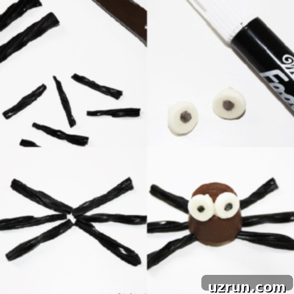 Easy Moldless Chocolate Spiders 4 Collage Image With Step by Step Pictures on How to Make Chocolate Spiders Without Mold