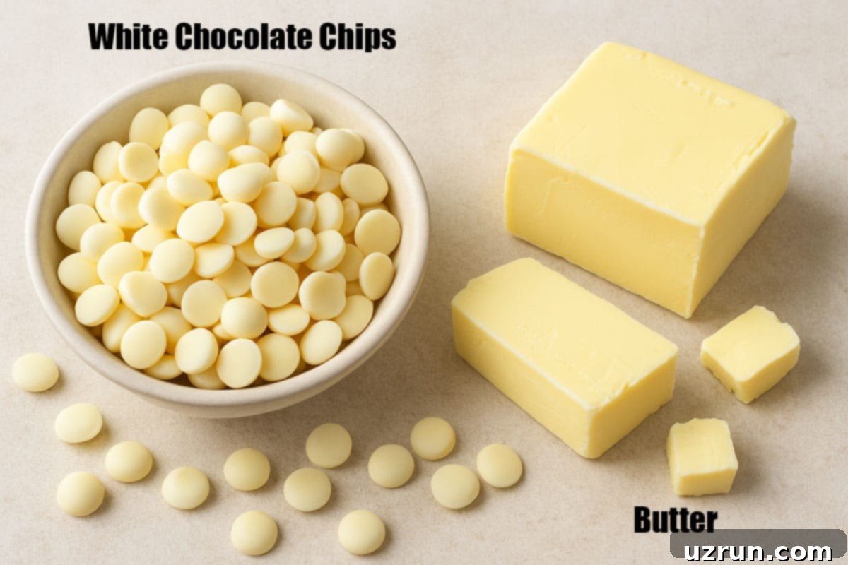 Easy Two-Ingredient White Chocolate Buttercream 3 Image With Ingredients on Beige Background.